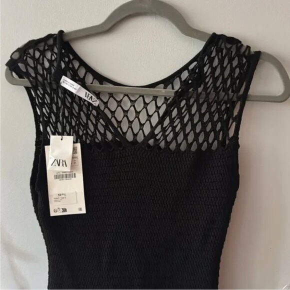 Elegant Pointelle Black mini  crochet Sleeveless Dress - Picture 8 of 13